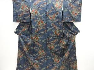 未使用品　流水に草花模様織出し十日町紬着物